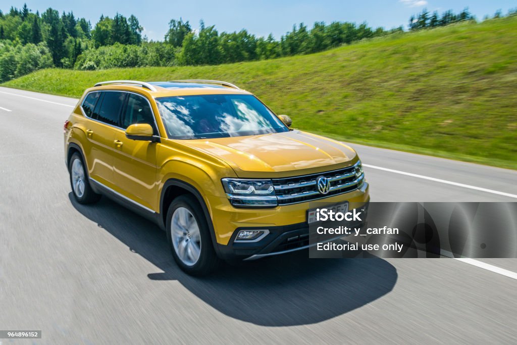 Volkswagen Teramont / Atlas Minsk, Belarus - May 28, 2018: Volkswagen Teramont (known as Atlas in the USA) drives on a road during test-drive. Volkswagen Teramont / Atlas is a three-row seven-seater crossover powered by 2.0 TSI or by 3.6-liter V6. It is available with eight speed automatic gearbox and with all-wheel drive transmission. Volkswagen Stock Photo
