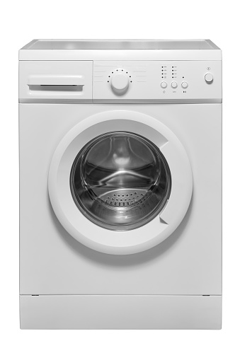 A white modern automatic washing machine with a closed hatch is isolated.