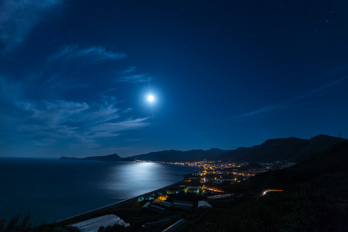Gazipasa town of Antalya city night and full moon view. Gazipasa is a town and district of Antalya Province on the Mediterranean coast of southern Turkey, 180 km east of the city of Antalya.