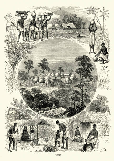 sceny w kongo, afryka, natives village życia, 19 wieku - zaire emery stock illustrations