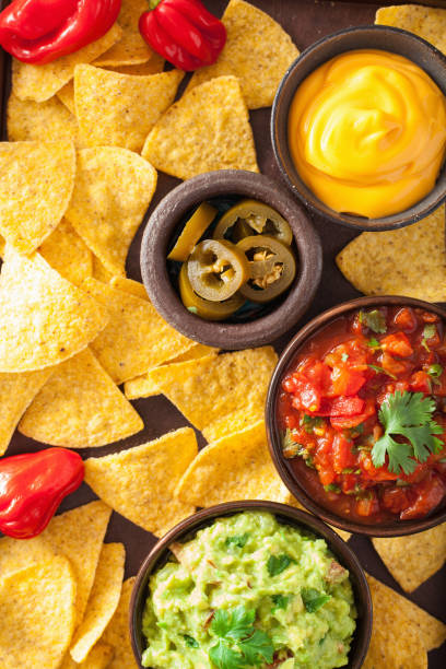 istock mexican nachos tortilla chips with guacamole, salsa and cheese dip 964925292