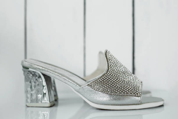 Stylish women's silvery shoes on gray background