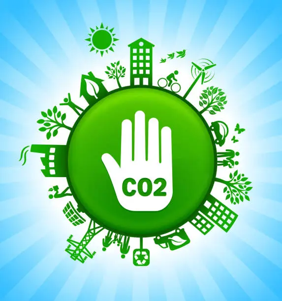 Vector illustration of CO2 Handprint Environment Green Button Background on Blue Sky