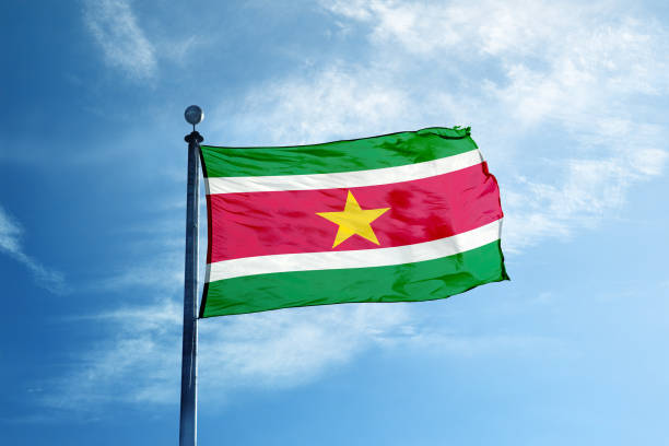 суринамский флаг на мачте - flag of suriname стоковые фото и изображения