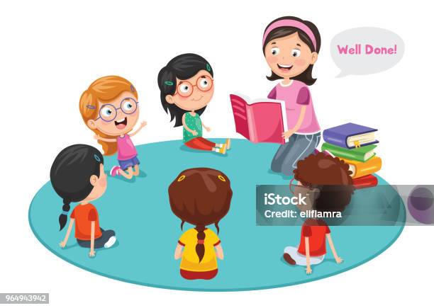 Vector Illustration Of Preschool Children Stock Illustration - Download Image Now - Teacher, Reading, Child