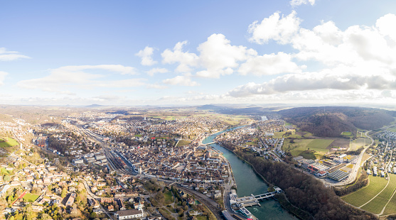the panorama shows the city of Schaffhausen from a bird's eye view. beautiful cloud formations light-shadow play. recorded with the dji phantom 4 pro and assembled.