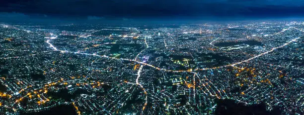 Aerial Night City Panoramic View of Bandung Indonesia at Blue Hour.