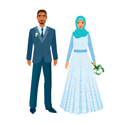 Islamic, Muslim man and and woman pair, family. Bride in ornate dress, groom in European gown. Illustration isolated on white.