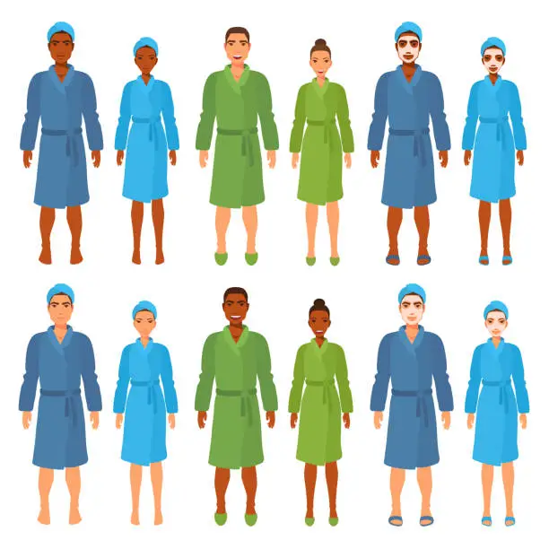 Vector illustration of Set of full-height bodies of men and women in bathrobe and turban.