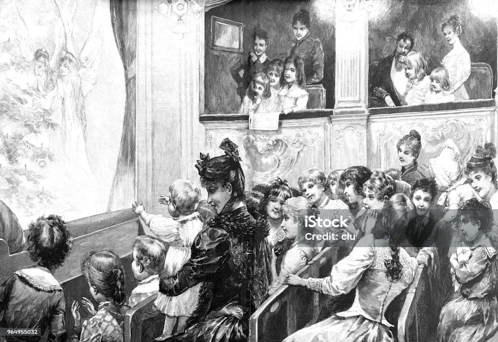 Christmas performance for children in theater Illustration from 19th century Stage Theater stock illustration