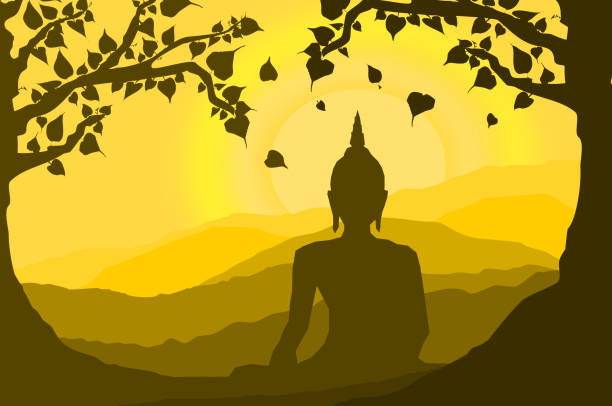 ilustrações de stock, clip art, desenhos animados e ícones de buddha statue under the bodhi (sacred fig) tree and mountain on sunset background,sunset, silhouette style - freedom praying spirituality silhouette