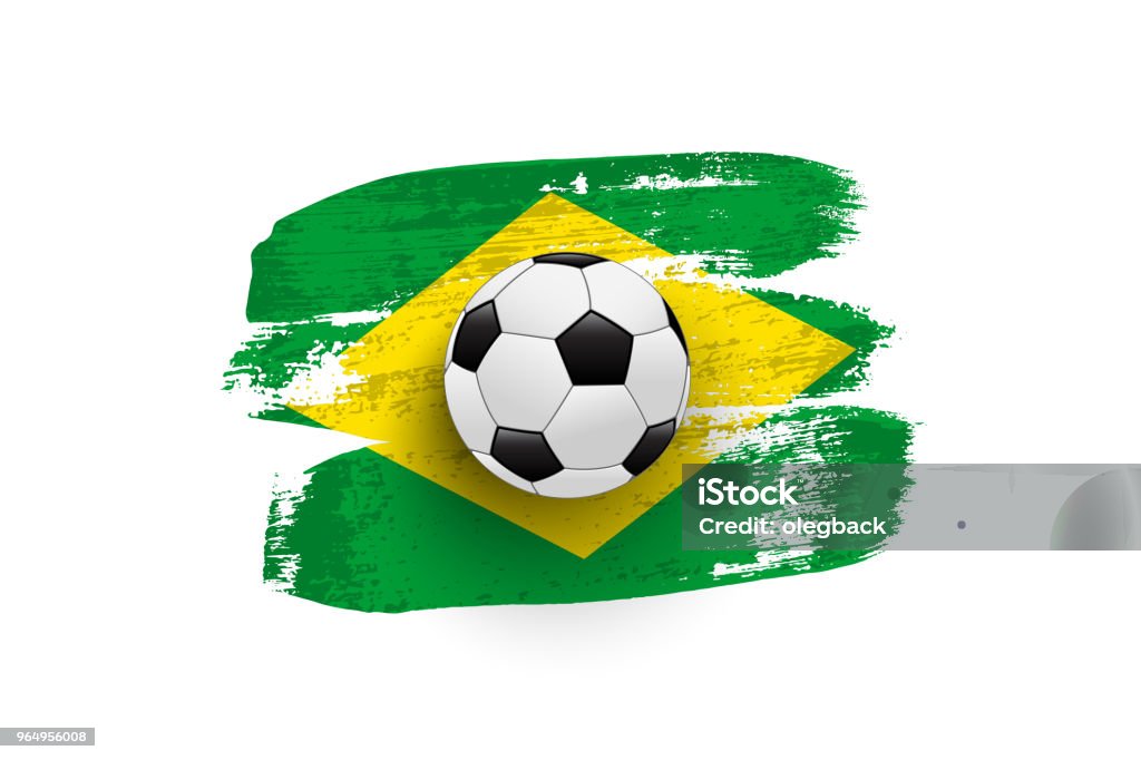 Ballon de foot réaliste sur le drapeau du Brésil fait de coups de pinceau. Élément de vecteur de conception. - clipart vectoriel de Football libre de droits