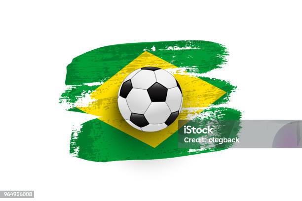 Ballon De Foot Réaliste Sur Le Drapeau Du Brésil Fait De Coups De Pinceau Élément De Vecteur De Conception Vecteurs libres de droits et plus d'images vectorielles de Football