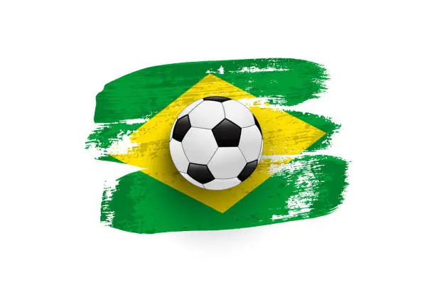 Vector illustration of Realistic soccer ball on flag of Brazil made of brush strokes. Vector design element.