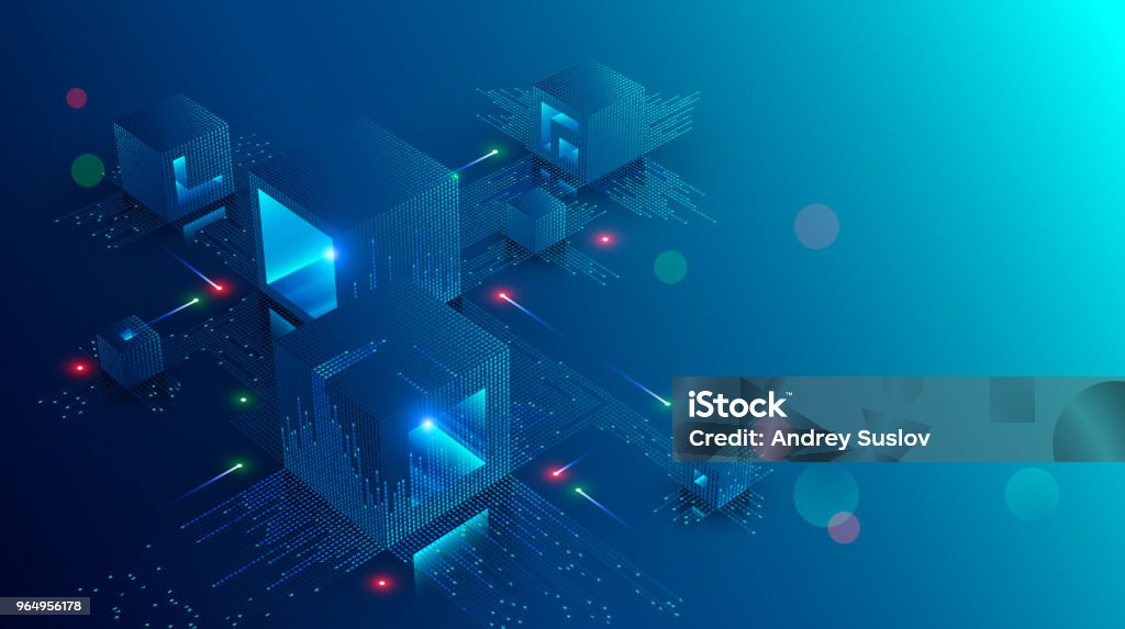 Blockchain concept banner. Isometric digital blocks connection with each other and shapes crypto chain. Blocks or cubes, connection consists digits. Abstract technology background. Vector illustration Technology stock vector