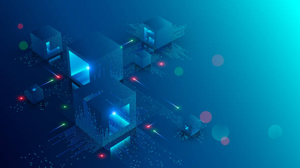 Blockchain concept banner. Isometric digital blocks connection with each other and shapes crypto chain. Blocks or cubes, connection consists digits. Abstract technology background. Vector illustration Blockchain concept banner. Isometric digital blocks connection with each other and shapes crypto chain. Blocks or cubes, connection consists digits. Abstract technology background. Vector illustration banking backgrounds stock illustrations
