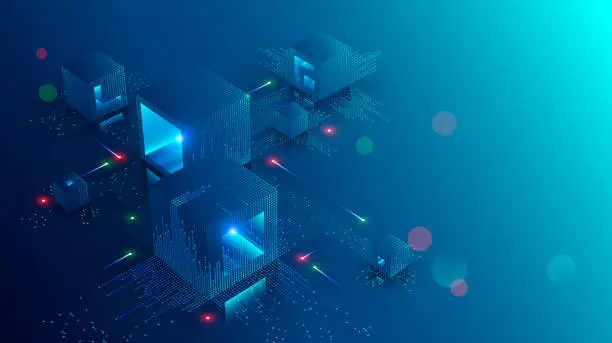 Vector illustration of Blockchain concept banner. Isometric digital blocks connection with each other and shapes crypto chain. Blocks or cubes, connection consists digits. Abstract technology background. Vector illustration