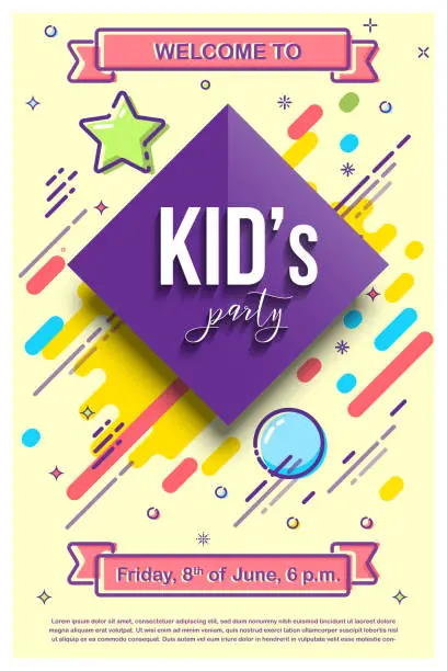 Vector illustration of Kid's party design template. Vector illustration with mbe style elements.