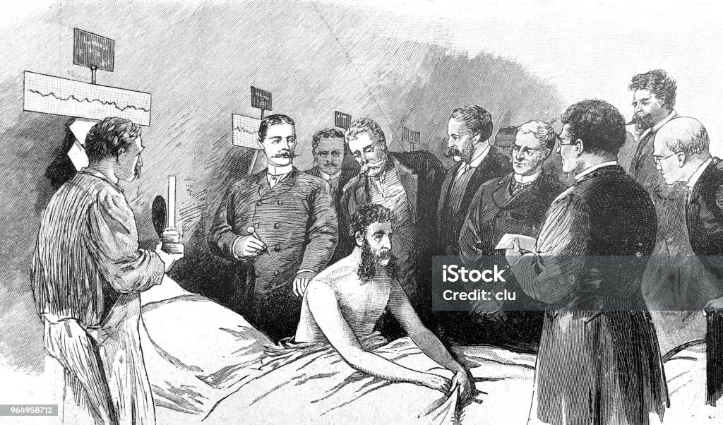 Robert Koch during a vaccination in the hospital in the presence of other doctors Illustration from 19th century Robert Koch - Scientist stock illustration