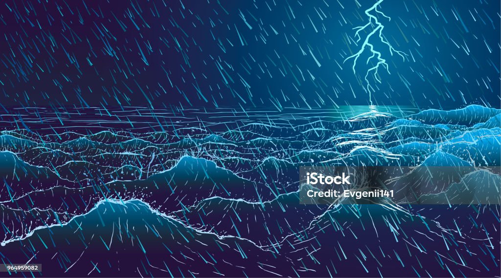 Vector large ocean waves in rainy storm at night Storm stock vector