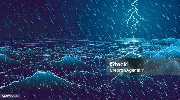 Vector Large Ocean Waves In Rainy Storm At Night Stock Illustration - Download Image Now - Storm, Sea, Backgrounds
