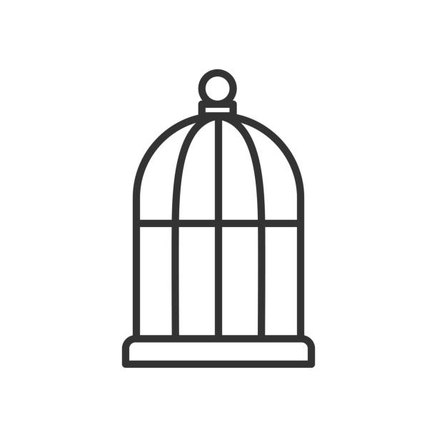 Black isolated outline icon of bird cage on white background. Line Icon of cage. Black isolated outline icon of bird cage on white background. Line Icon of cage birdcage stock illustrations