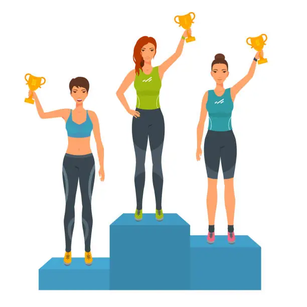 Vector illustration of Girls stand on podium, awarded with trophies.