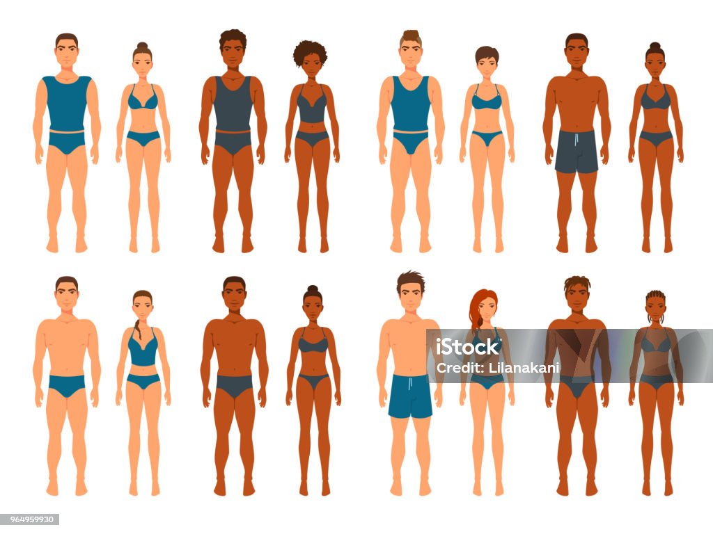 Men and women standing still in underwear, swimsuits. Isolated on white. Set of full-length people bodies illustration. Men stock vector
