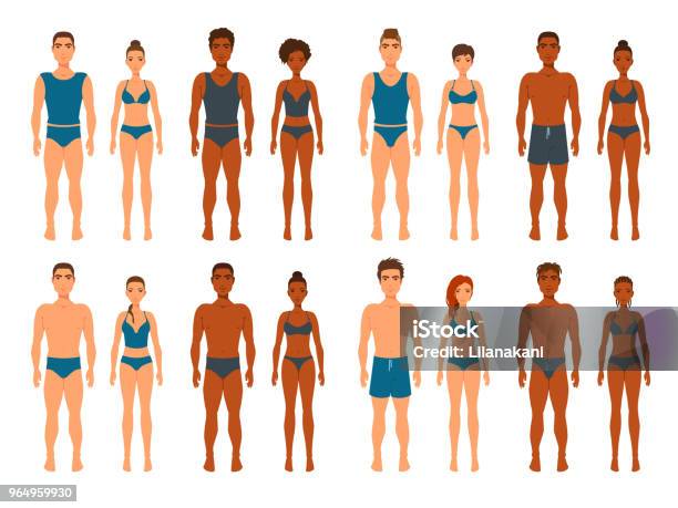 Men And Women Standing Still In Underwear Swimsuits Isolated On White Stock Illustration - Download Image Now