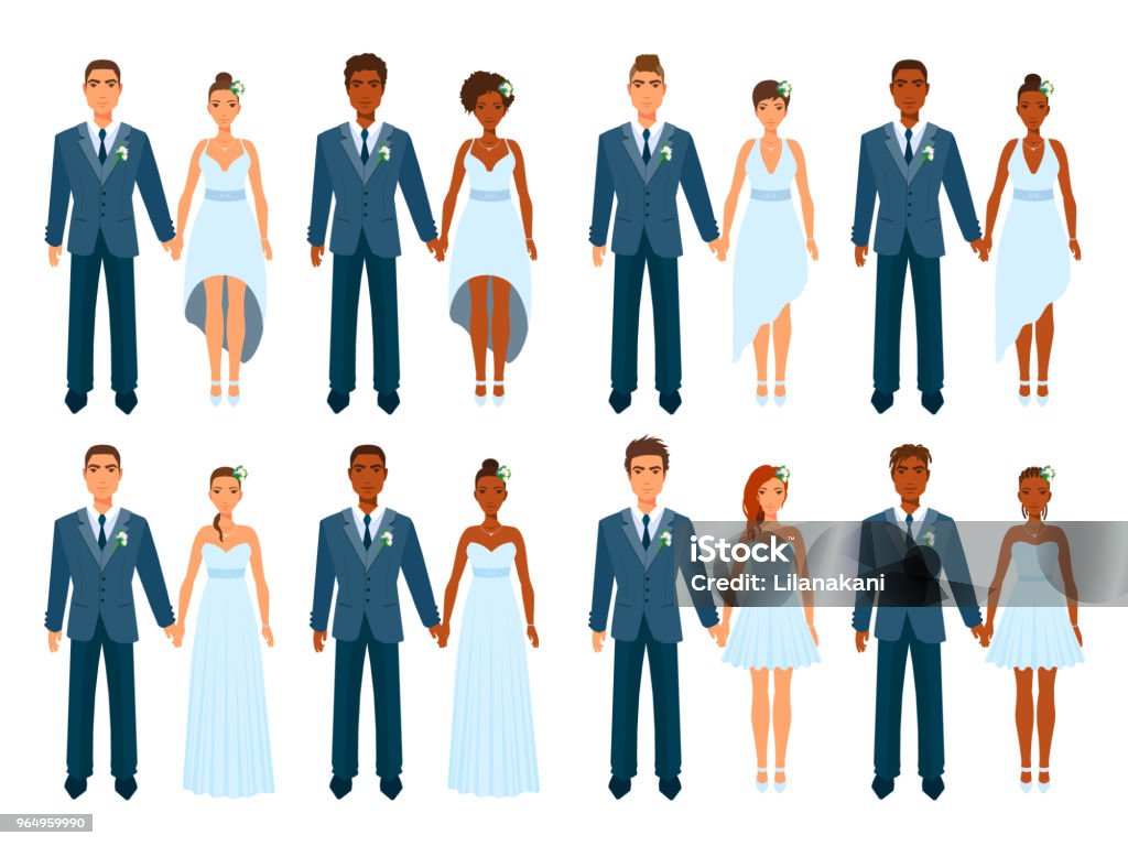 Bride and groom hold hands, stand nearby. Couples getting married. Prom girl and boy. Wedding elegant couples cartoon set. Isolated on white background. Adult stock vector