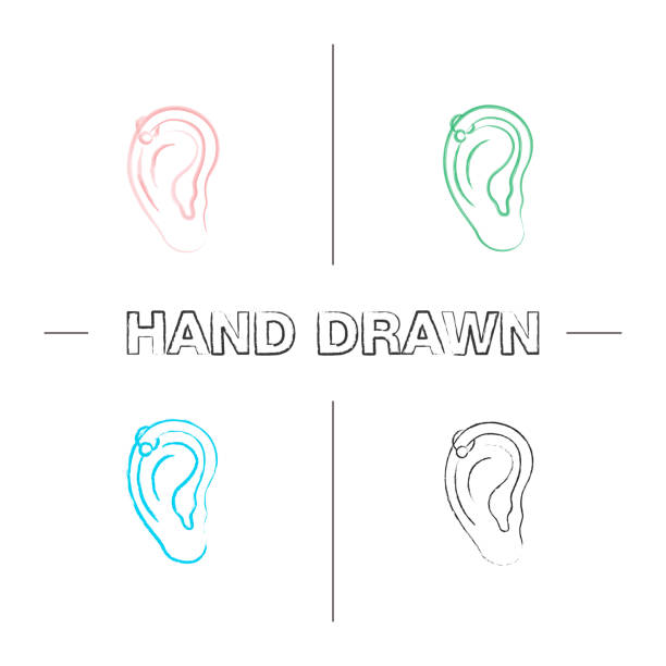 Helix piercing hoop icons Helix piercing hoop hand drawn icons set. Isolated vector illustrations. Pierced ear cartilage cartilage piercings stock illustrations