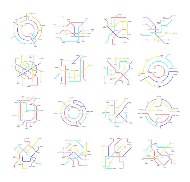 지하철 지도 표지판 색상 얇은 라인 아이콘 세트입니다. 벡터 - 방  향 일러스트 stock illustrations