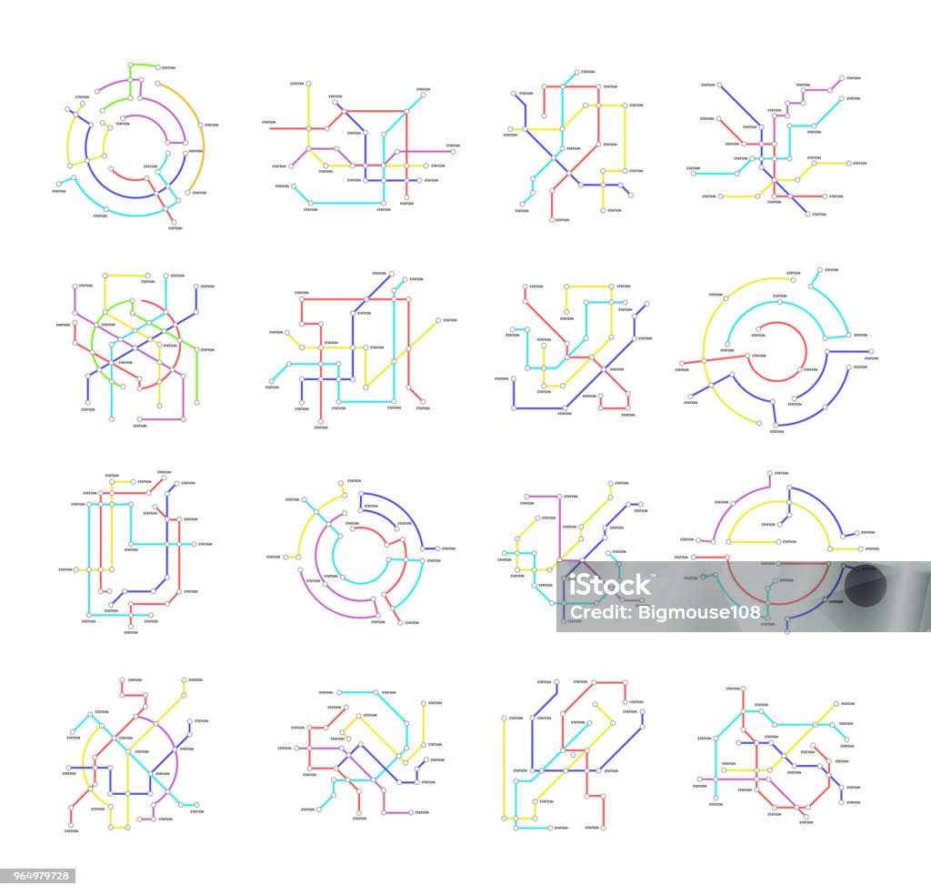 Metro Map Signs Color Thin Line Icon Set. Vector Metro Map Signs Color Thin Line Icon Set Transportation Concept Plan for City. Vector illustration of Subway Map stock vector
