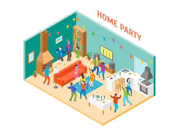 홈 파티 인테리어 가구와 사람들 isometric 보기와 함께. 벡터 - plan house home interior planning stock illustrations