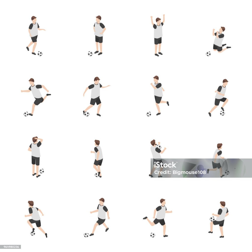 Cartoon Characters Soccer Player Set. Vector Cartoon Characters Soccer Player Set Concept Element Flat Design Style. Vector illustration of Running and Training Footballers Soccer Player stock vector