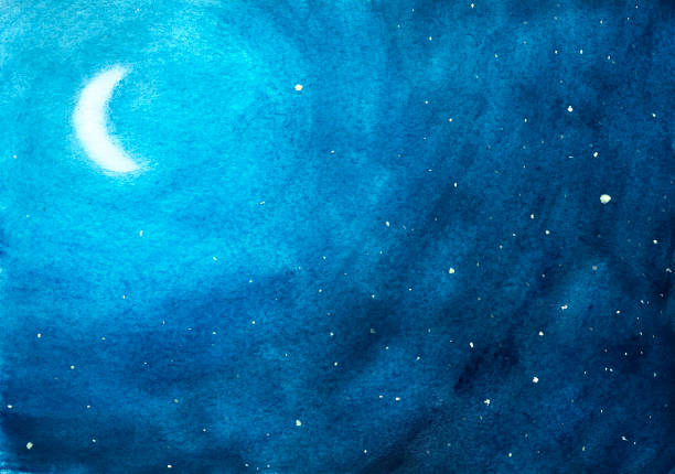 istock Moon among stars at night in blue watercolor background. 964980382