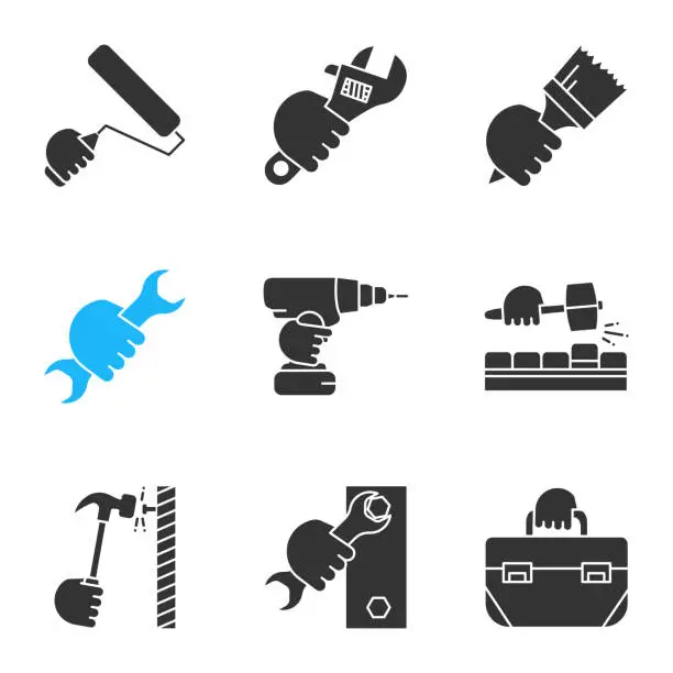 Vector illustration of Hands holding instruments icons