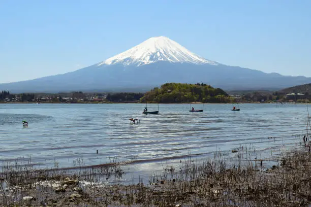 Fishermen fishing on Lake Kawaguchi with Mount Fuji in the Background in Kawaguchiko Japan