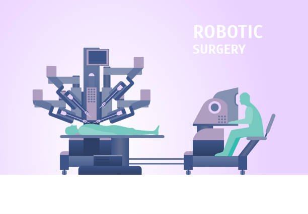 ilustrações de stock, clip art, desenhos animados e ícones de cartoon robotic surgery concept card poster. vector - robotic surgery