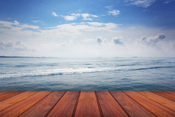 istock Wooden floor on sea background 964989422