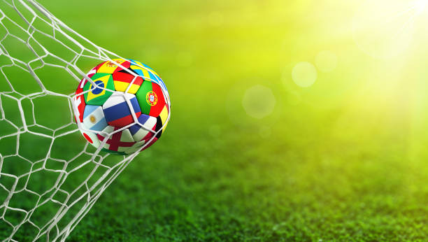 Soccer Ball Flags In Goal Flags soccer ball in soccer net - goal 3d rendering international match stock pictures, royalty-free photos & images
