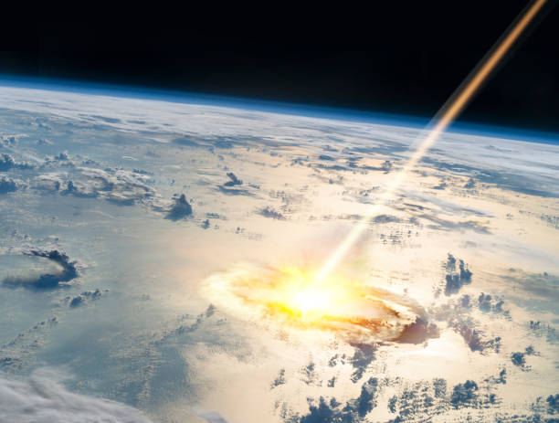 Asteroid Impact Collision of an asteroid with the Earth horror world stock pictures, royalty-free photos & images