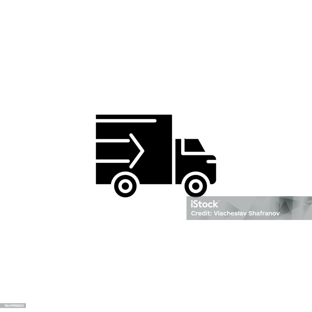 Fast truck delivery black icon concept. Fast truck delivery flat  vector symbol, sign, illustration. Fast truck delivery black icon concept. Fast truck delivery flat  vector website sign, symbol, illustration. Box - Container stock vector