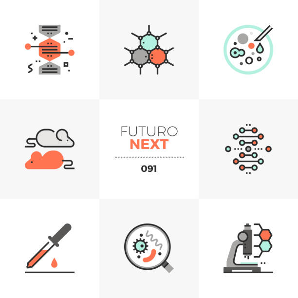 Biotechnology Futuro Next Icons Modern flat icons set of bio technology process, gene modification. Unique color flat graphics elements with stroke lines. Premium quality vector pictogram concept for web, logo, branding, infographics. life science lab stock illustrations