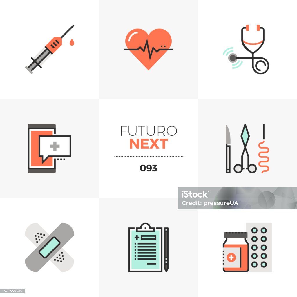Healthcare Futuro Next Icons Modern flat icons set of healthcare service, doctor prescription. Unique color flat graphics elements with stroke lines. Premium quality vector pictogram concept for web, logo, branding, infographics. Icon Symbol stock vector