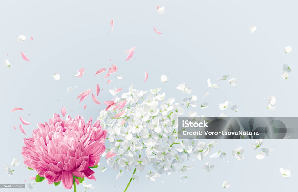 Summer wind vector floral drawing Summer wind - white vector Hydrangea flower, Apple blossom and pink Chrysanthemumwith flying petals in watercolor style for 8 March, wedding decoration, Valentine's Day,  Mother's Day, seasonal sales Flower stock vector