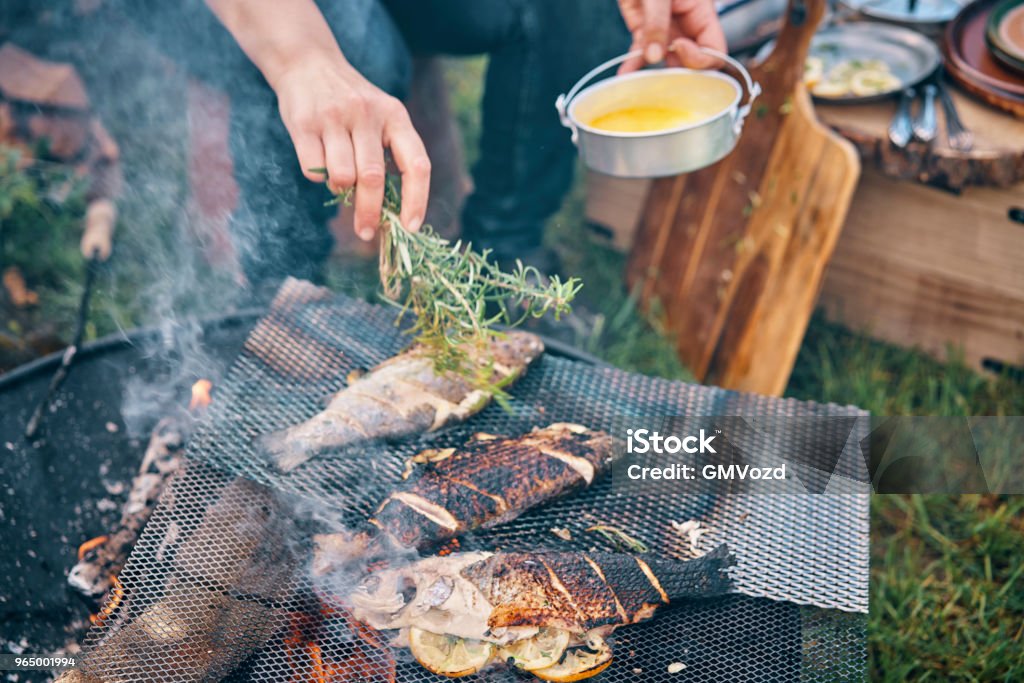 Preparing Fish for Cooking Over Open Campfire Fish Stock Photo