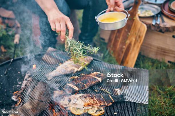 Preparing Fish For Cooking Over Open Campfire Stock Photo - Download Image Now - Fish, Barbecue Grill, Cooking