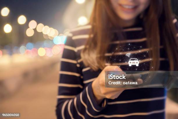 Close Up Woman Hand Orders A Taxi From His Mobile Smartphone Application Stock Photo - Download Image Now