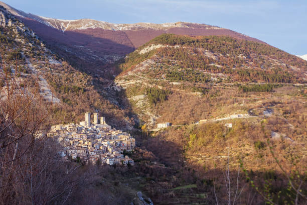 The town of Pacentro and its castle at sunset